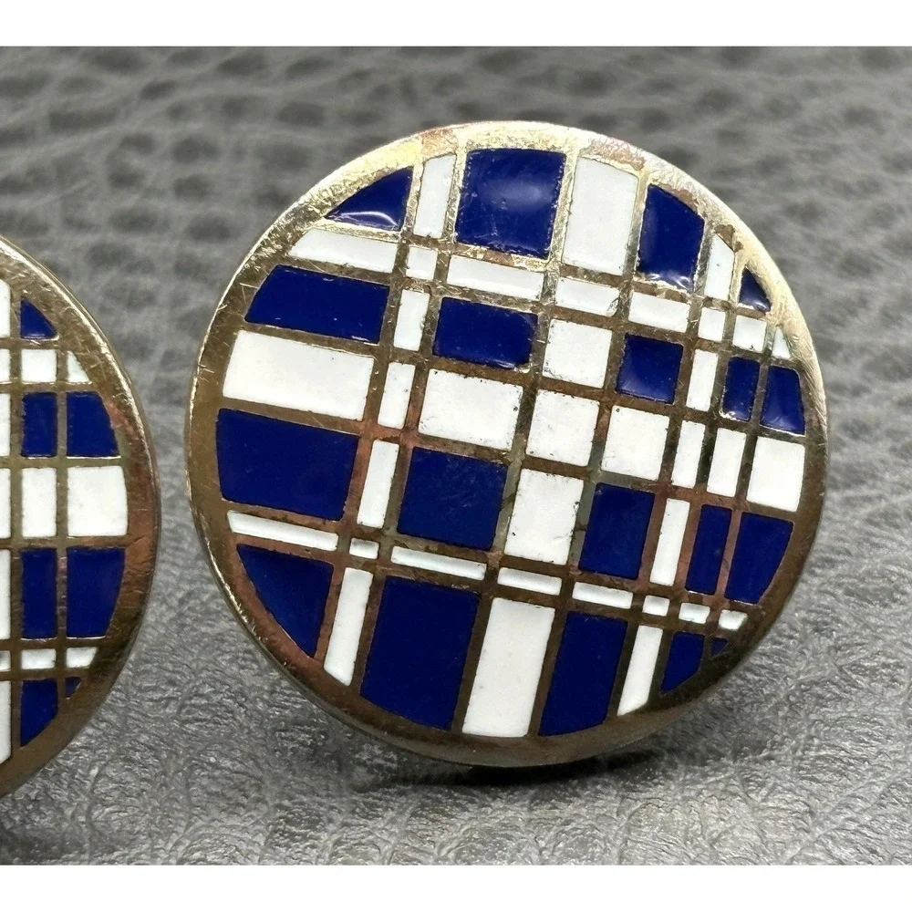 Vintage Gold Tone Blue Enamel Plaid Pattern Modernist MCM Enamel Cufflinks